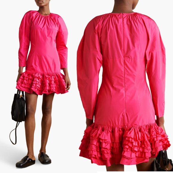 NWT Molly Goddard Caerys Taffeta Mini Dress in Bubblegum Sz 44 Ruffle Drop Hem - Picture 1 of 9